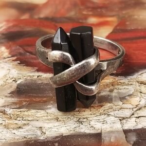 Black Agate Crystal Point Ring with A Sterling Silver Wrap Band
